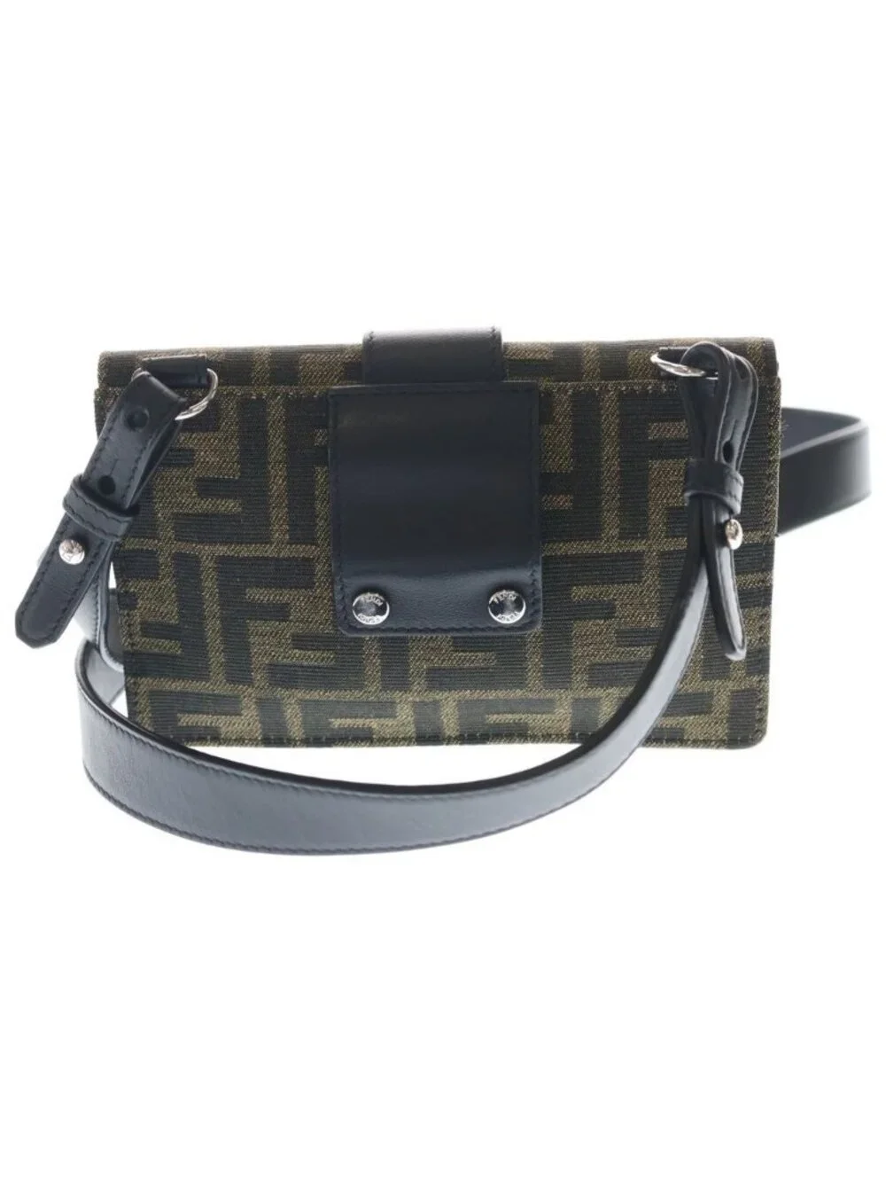Fendi Zucca Mini Shoulder Bag Black Brown Leather Canvas Silver
